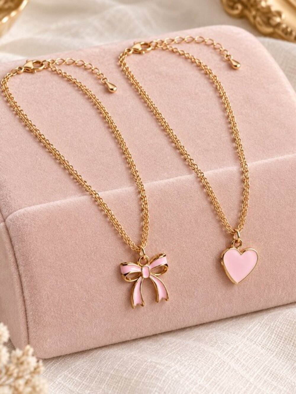 Gold Tone Pink Enamel Bow Heart Charm Layering Necklace Set NWT